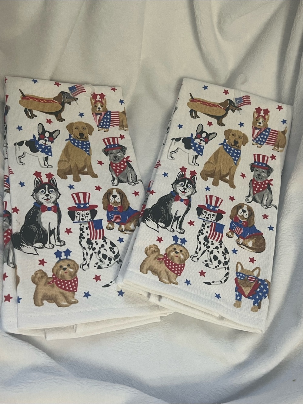 Patriotic Dog Print 2 Kitchen Towels - Red, White & Blue NWT
